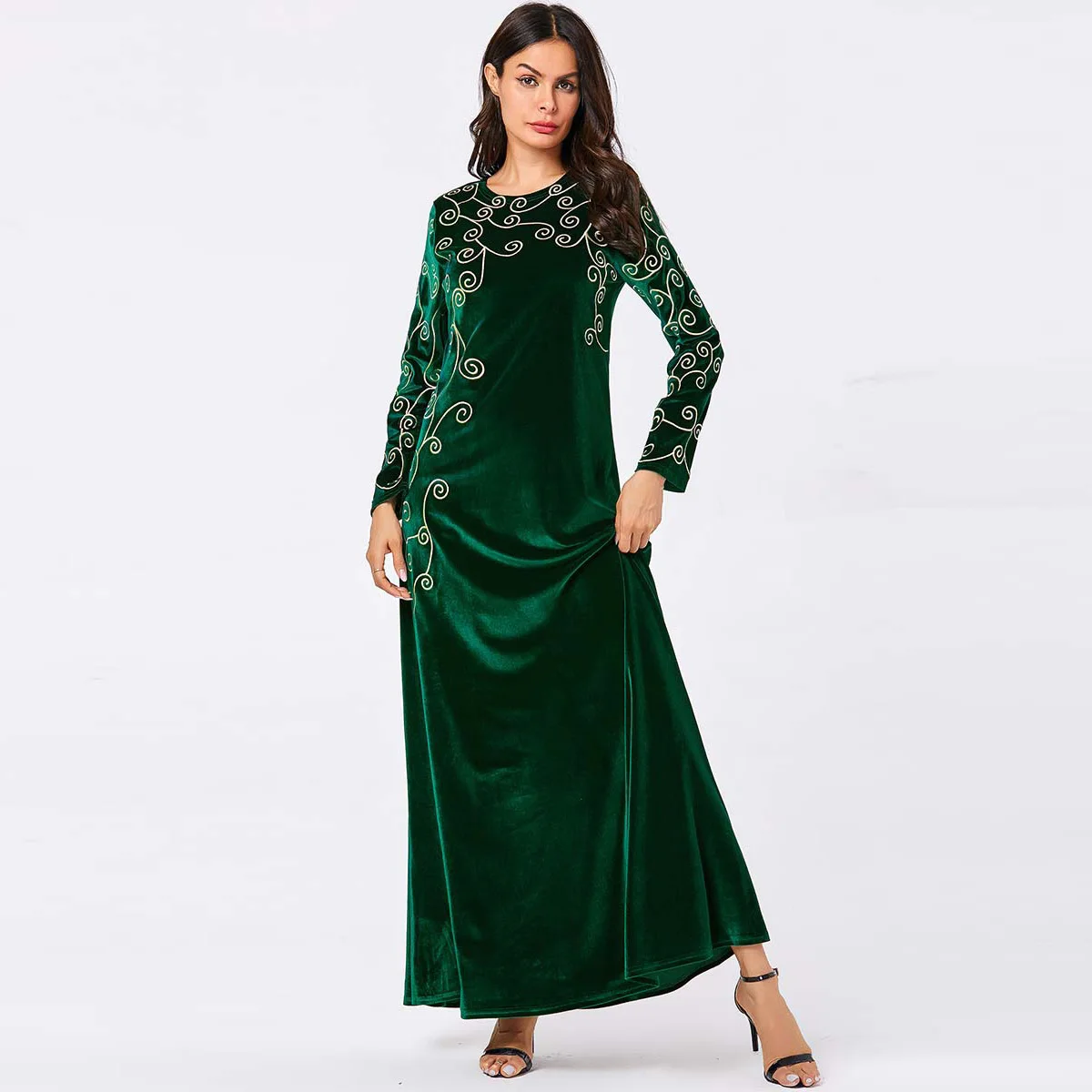 Арабское мусульманское платье размера плюс, с круглым вырезом, с вышивкой, с высокой талией, с длинным рукавом-фонариком, длинное платье, Абая, Дубай, кафтан, розовый, XXXL, 4XL
