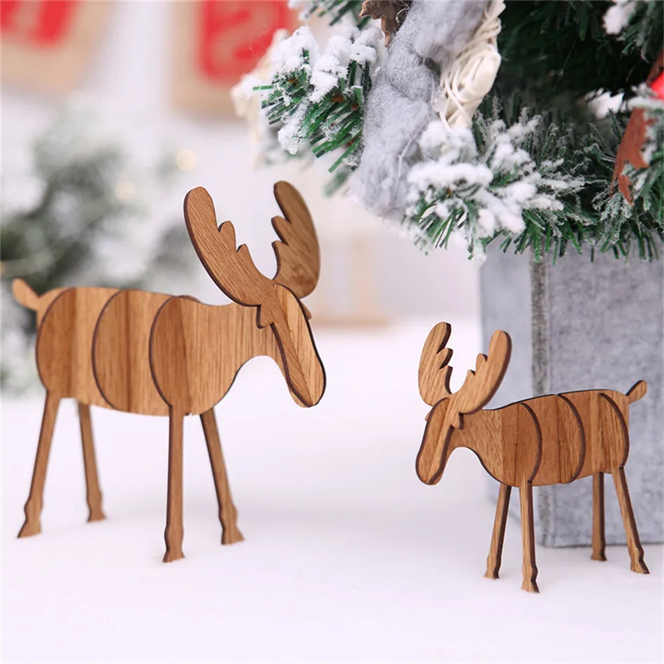 SEAAN Wood Christmas Elk Deer Ornaments Xmas Tree Hanging Desktop Decoration Gift Top Xmas Table Decoration