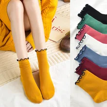 Японские осенние и зимние женские носки с деревянными ушками кружевные однотонные носки свободные женские хлопковые носки ярких цветов для колледжа