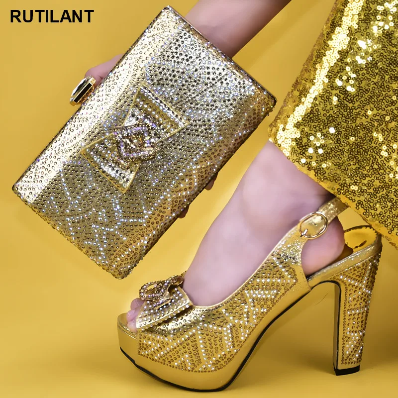 

New Decorated with Rhinestone Nigerian Shoes and Matching Bags african shoe and bag set decorated with rhinestone Buckle Strap