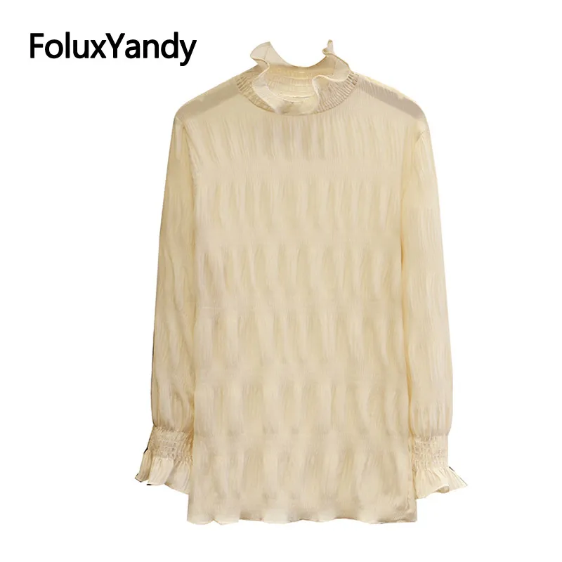 

Thin Chiffon Blouses Summer Style Ruffles Turtleneck Loose Plus Size Women Long Sleeve Blouse Shirt Casual Transparent SWM1362