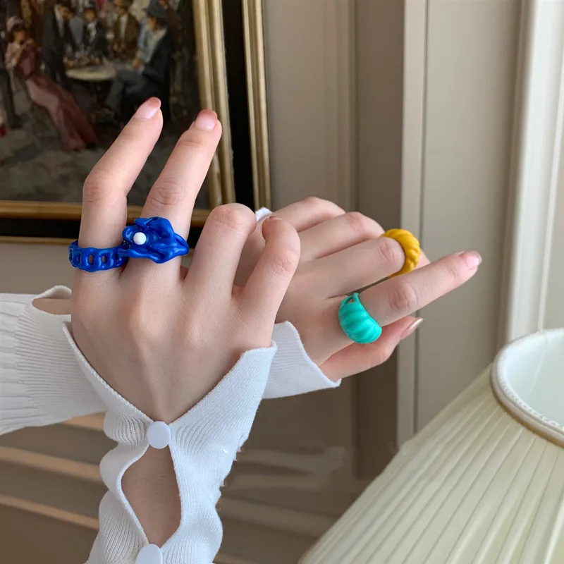 HUANZHI 2020 New Trendy Colorful Dripping oil Geometric Rings Hand-painted Irregular Open Rings for Women Party Jewelry