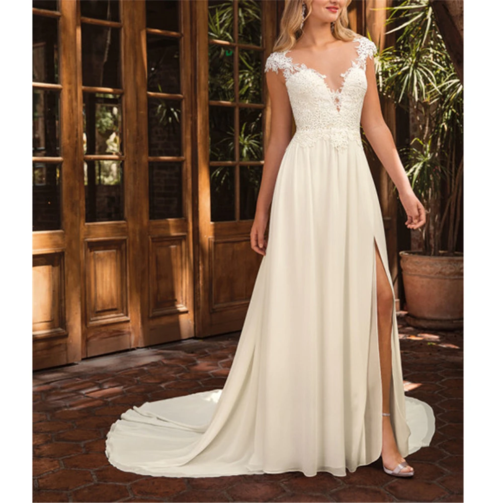 

White Vestido Novia Manga Larga Scoop Cap Sleeves Illusion Natural-Waisted A-line Beading Appliques Unique Wedding Dresses