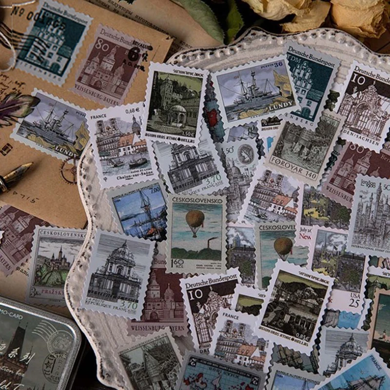 

120pcs Postage Stamps Vintage Air Mail Stamps Postage Mark Envelope Stamps Scrapbook Collecting Stamp Collection Tin Box