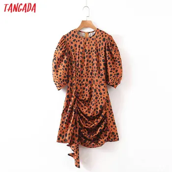 

Tangada fashion women leopard print summer dress pleated short sleeve ladies vintage party dress 1J13