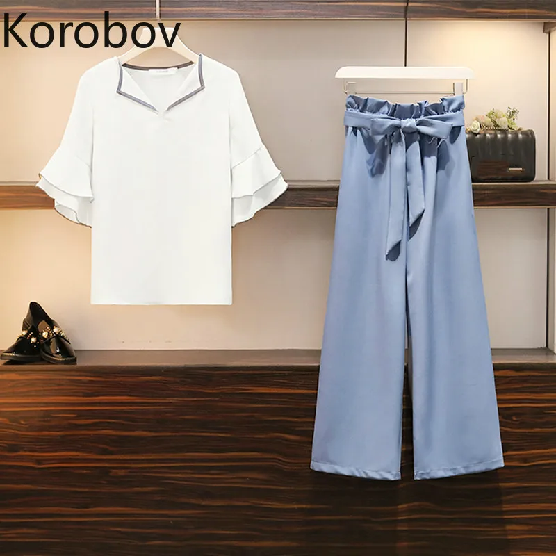 

Korobov Women Plus Size Summer Sets V-Neck Flare Sleeve Shirts and Wide Leg Pants 2 Piece Outfits Korean Oversize Suits 78585