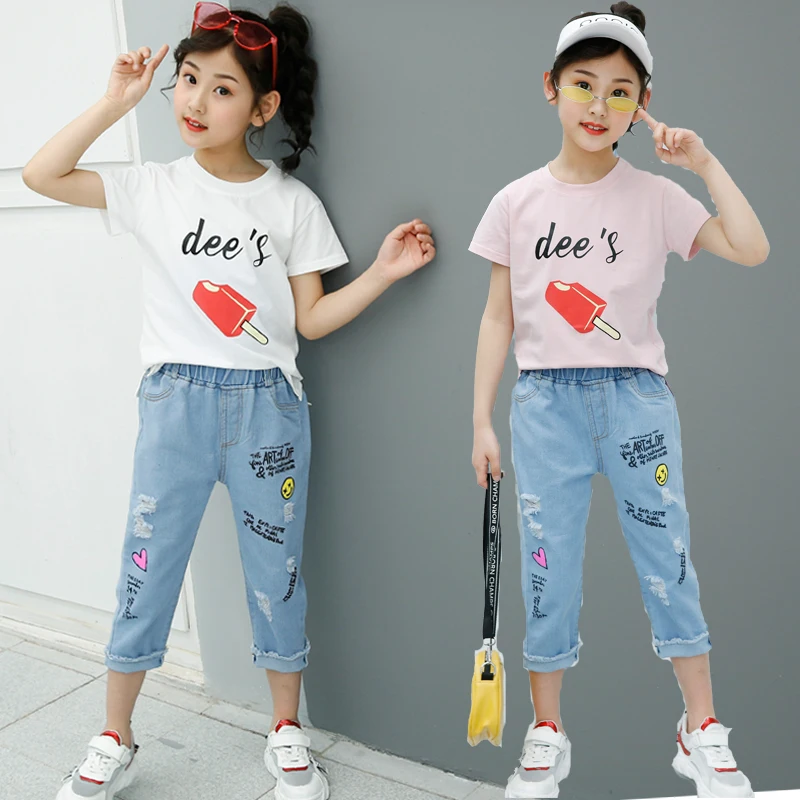 

Newest Summer Children Clothing Set Kids T Shirt And Capri Jeans Clothing Set with Ice - sucker Design