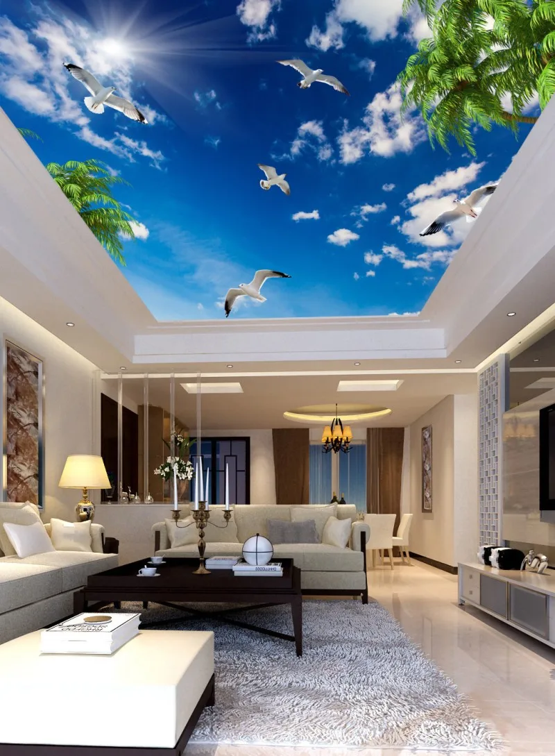 3d ceiling murals wallpaper Blue sky white clouds  coconut tree seabird, sun ceiling, mural 3d ceiling murals wallpaper blue sky white clouds coconut tree seabird sun ceiling mural