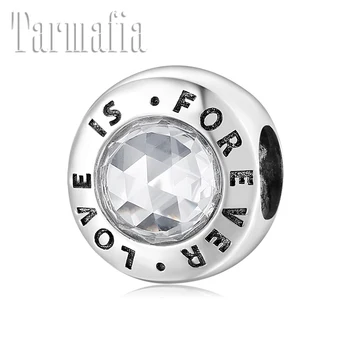 

Real 925 Sterling Silver Letter FOREVER FAMILY Clear Zircon Beads Round Charm Fit Original Bracelet Charms For Jewelry Making