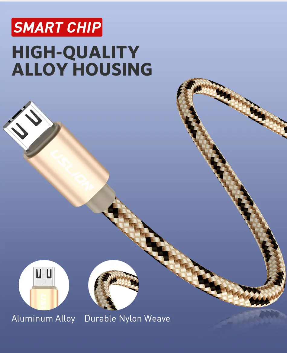 USLION кабель Micro USB для samsung, Xiaomi, huawei, планшета, Android, Micro USB, шнур для зарядки телефона, 2,4 А, кабель для зарядки и передачи данных, адаптер