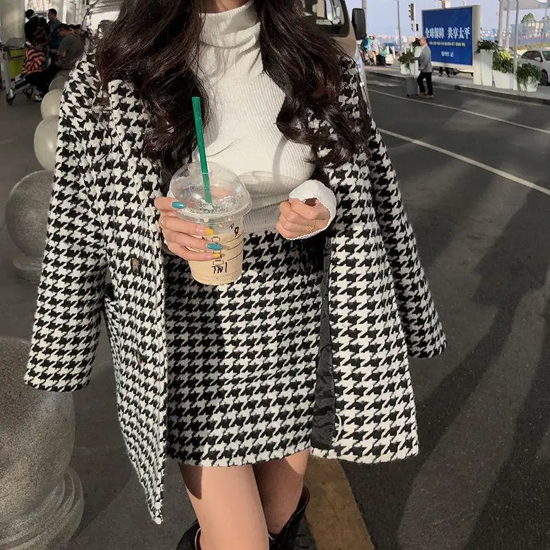 

Women's new style Plaid Cotton heavy woolen overcoat coat high waist skirt two piece set