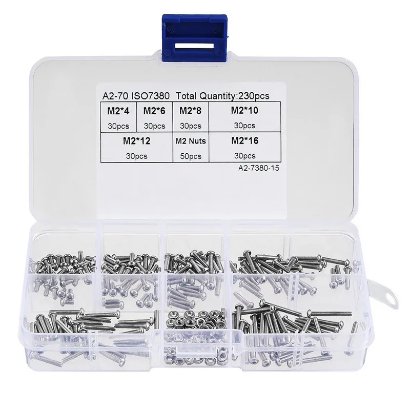 

Botique-230pcs M2 304 Stainless Steel Hex Socket Button Head Cap Bolts Screws Nuts Kit