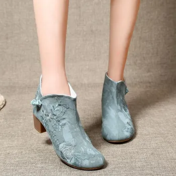 

Spring and autumn women boots mid heel ankle boots high heel embroidered boots women Cloth shoes Booties lady boty