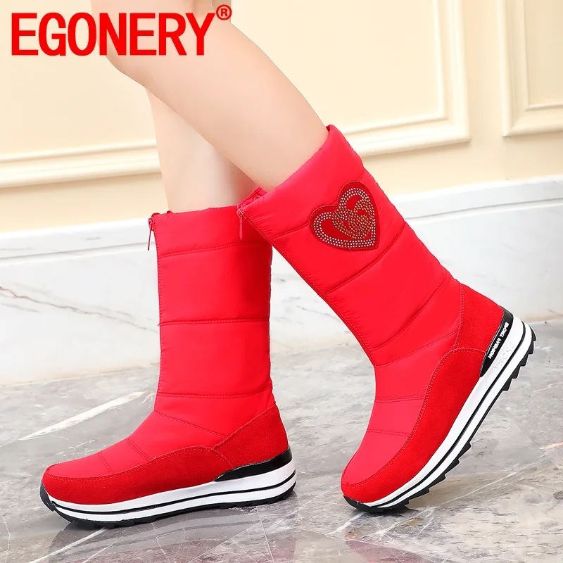 

EGONERY winter new warm snow boots outside comfortable mid heels platform round toe zip women shoes drop shipping size 32-43