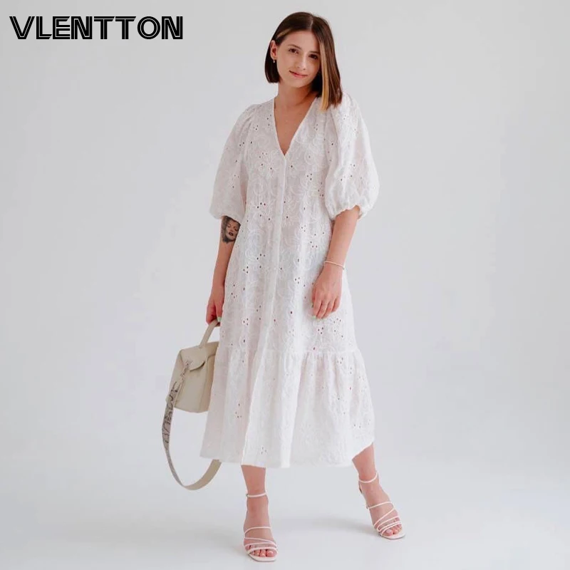 

2021 Spring Summer Women White Sexy V-Neck Hollow Party Dress Casual Solid Embroidery Loose Midi Dresses Ladies Vestidos