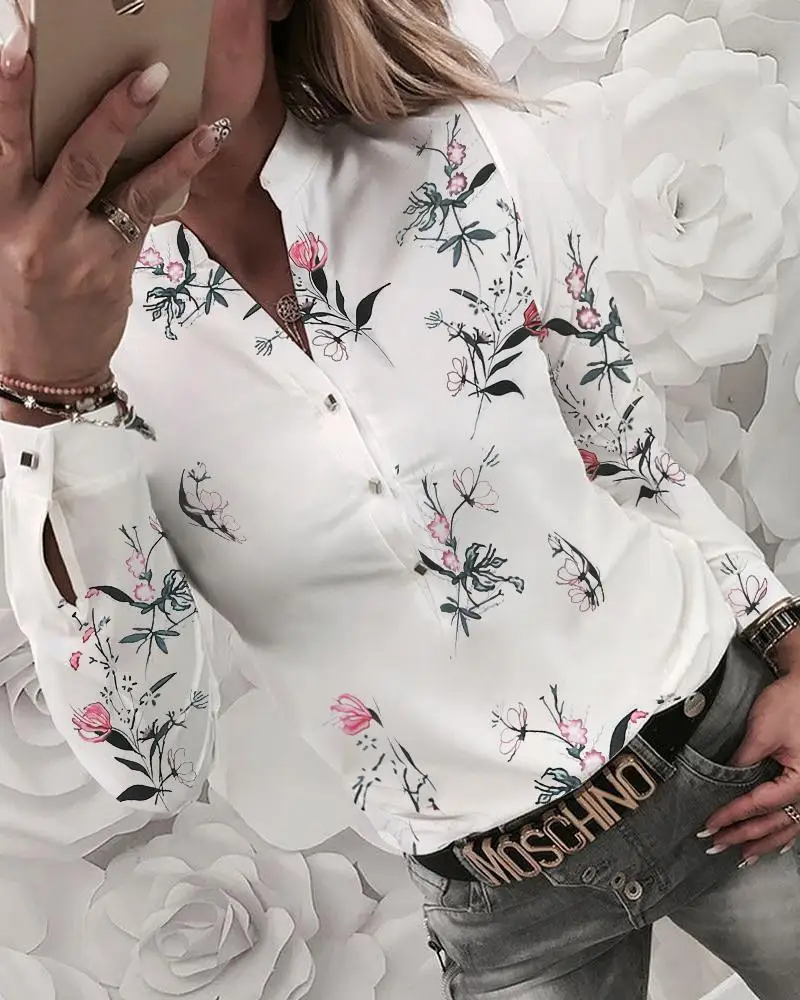 2020 New Women Shirt Floral V neck Long Sleeved Printed Shirt Hot Autumn Spring Female Casual Blouse