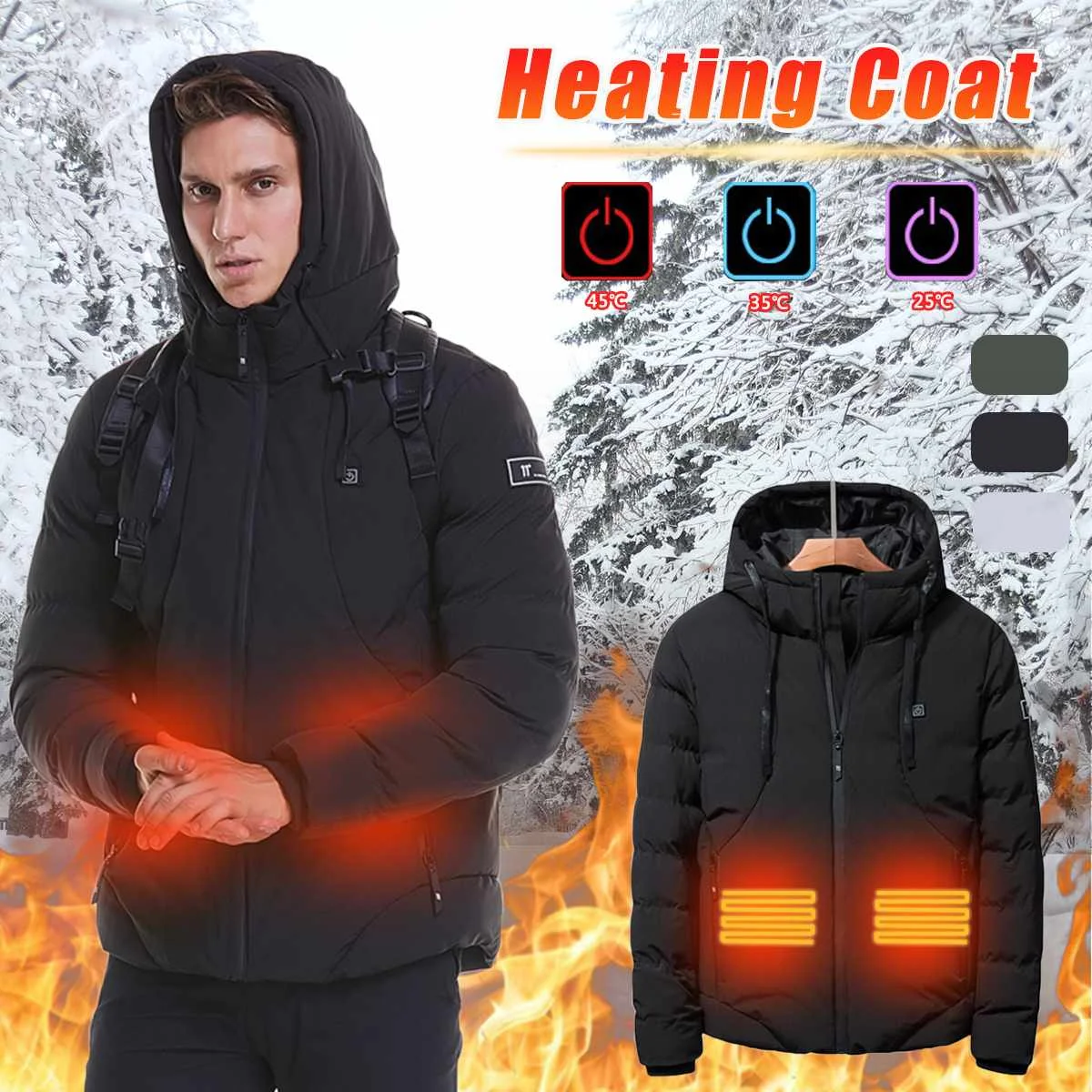 

Men Winter Jacket USB Heated Heating Hooded Jacket Down Cotton Coat Thermal Clothing Outdoor Sport Hiking Skiing Windbreaker