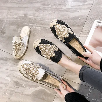 

Women Slip On Flats Pearl Mules Autumn Fisherman Shoes Ladies Hemp Platform Casual Shoes Female Espadrilles Footware New