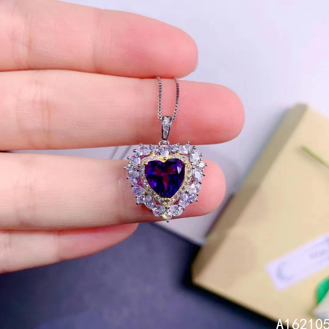 

Fine jewelry 925 pure silver inlaid natural amethyst girl luxury classic heart Chinese style gem pendant necklace support detect