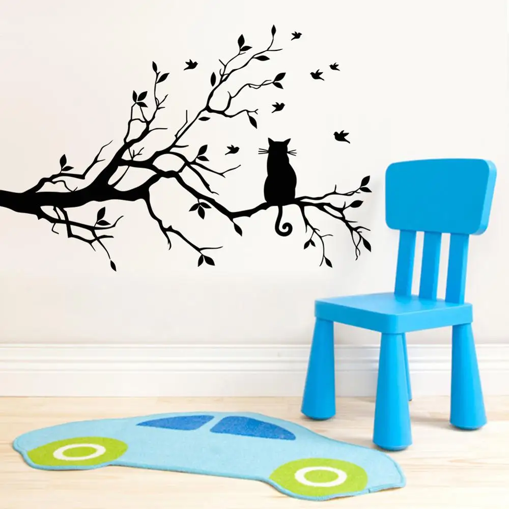 cat on a tree branch Wall Sticker Living Room sofa background bedroom home decoration art Decals wallpaper Hand carved stickers | Дом и сад