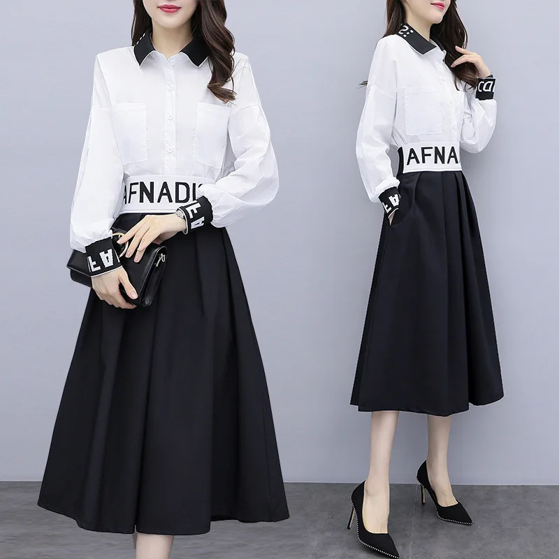 

2019 Autumn Clothing New Style Korean-style Large Size Dress Fat Mm Fashion Loose Slimming Shirt-Skirt Two-Piece Set