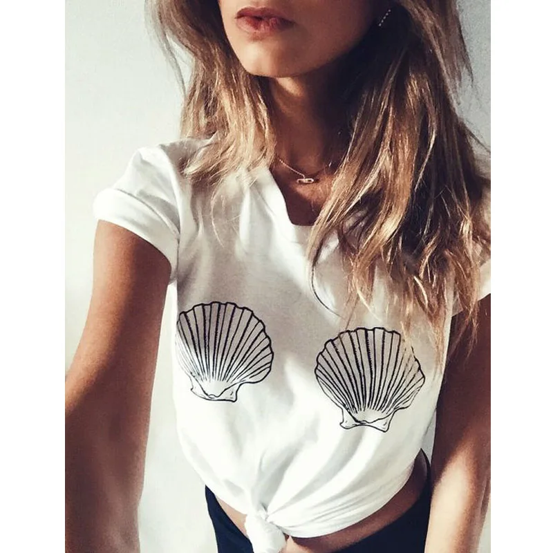 Mermaid Sea Shell Bra Print T-shirt Women Aesthetic Boob Graphic Funny Tee  Top Casual Summer Tumblr Vacay Beach Tshirt