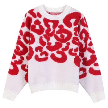 

Woman sweaters Fall Clothes 2020 Red Leopard Jacquard Thick Warm Pullover flame sweater Loose Lady oversized Jumper