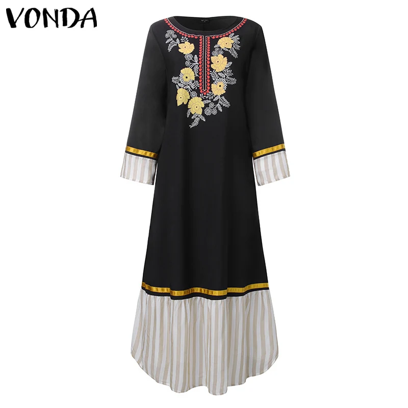 Богемное осеннее Макси-платье VONDA, женские повседневные свободные платья с длинным рукавом и круглым вырезом в стиле пэчворк, вечерние платья с цветочной вышивкой, длинное платье 5XL