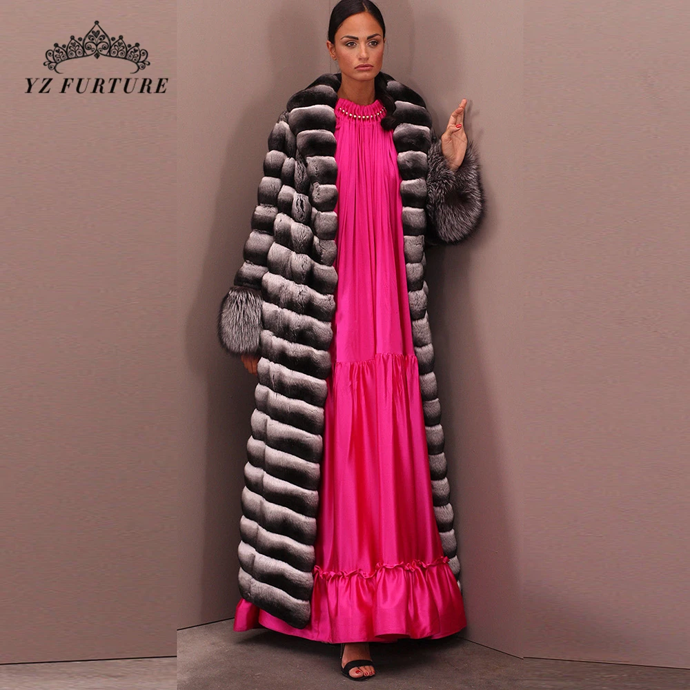 

130cm Long Rex Rabbit Fur Real Chinchilla Color Rex Rabbit Fur Coat Women Fur Natural Fur Coats Collar Overcoat Collar