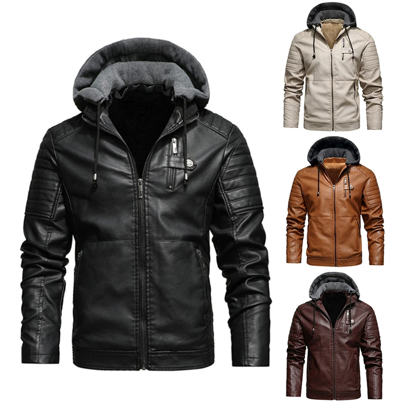 Chaquetas de cuero sintético con forro polar para hombre, abrigos con capucha, chaqueta informal para motocicleta, rompevientos, motociclista, Otoño e Invierno