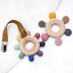 Jouets à main pour bébé, anneau de dentition en bois, jouets molaires, sensation de particules, Silicone de qualité alimentaire, sans BPA 