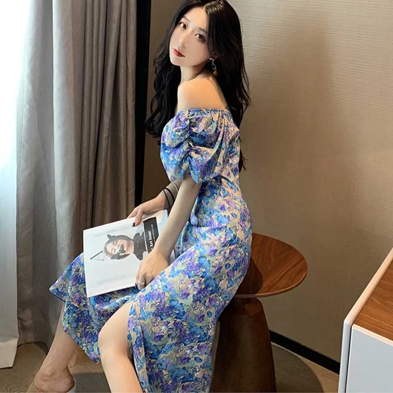 Vintage Chiffon Female Floral Print One-Piece Dress 2020 Summer Fashion Sexy Split Slim Puff Sleeve Dress Women Elegant Dresses