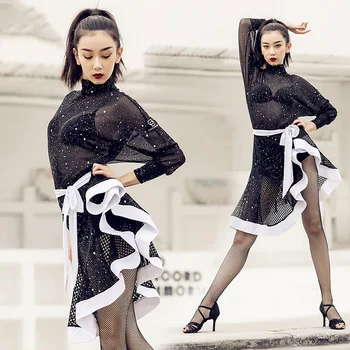 

Latin Dance Dress For Women Shining Sexy Perspective Mesh Dresses Cha Cha Samba Latino Salsa Tango Ballroom Dance Dress DWY2611
