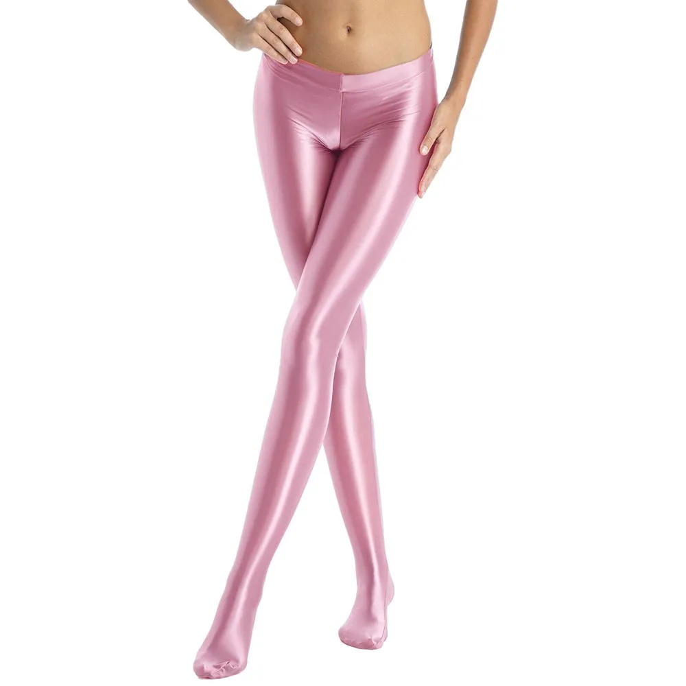Sexy Women Glossy Stretchy Pantyhose Zipper Crotch Sport Fitness Rave Dance Tights Pants Mid Waist Leggings
