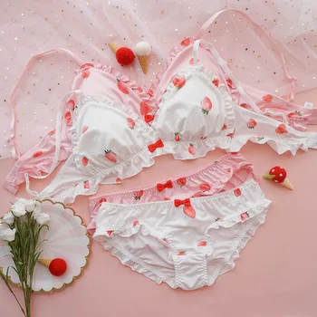

Big Strawberry Cute Japanese Milk Silk Bra & Panties Set Wirefree Soft Underwear Sleep Intimates Set Kawaii Lolita Underwear Set