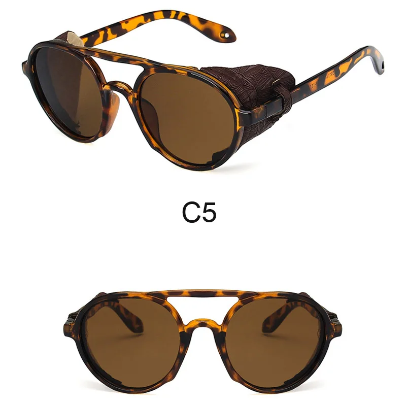 Модные круглые солнцезащитные очки в стиле стимпанк, Мужские Винтажные Солнцезащитные очки в стиле панк, мужские ретро кожаные очки унисекс, крутые черные очки - Цвет линз: 5