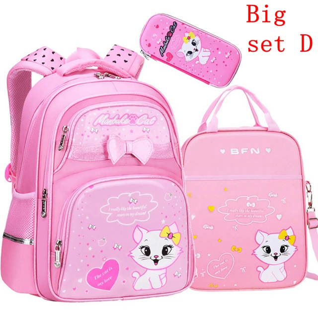 Waterproof Children School Bags Cartoon Cute Princess Backpacks Orthopedic Kids Book Bags for Teenage Girls Schoolbags Mochila Big set D