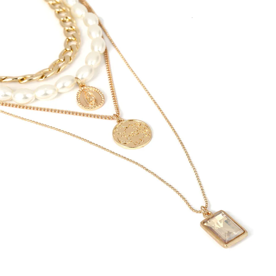 Ingemark Virgin Mary Pendant Choker Necklace Sweet White Pearls Crystal Square Golden Thick Chain Long Necklace Women Jewelry