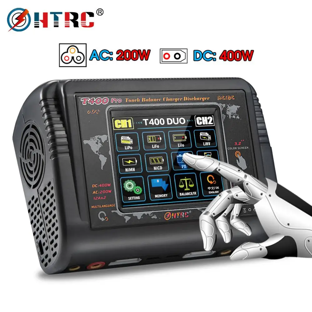 New Upate!!HTRC T400 Pro Lipo Battery Charger DC400W AC 200W 12A*2 Discharger RC For LiPo LiHV LiFe Lilon NiCd NiMh Pb battery New Upate!!HTRC T400 Pro Lipo Battery Charger DC400W AC 200W 12A*2 Discharger RC For LiPo LiHV LiFe Lilon NiCd NiMh Pb battery