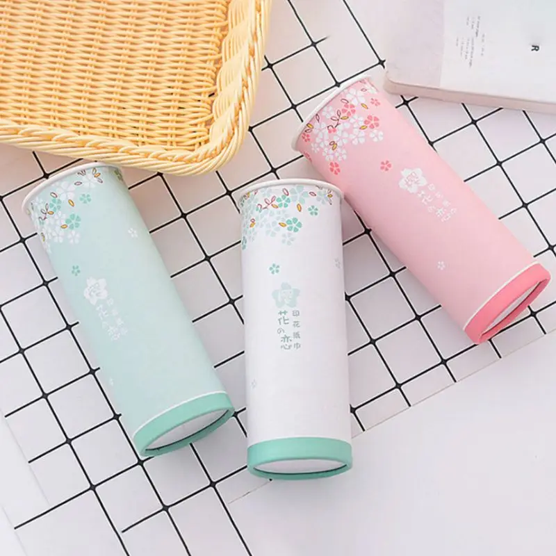 

40 Times 3 Ply Disposable Facial Tissues Nordic Style Colored Cheery Blossom Travel Portable Cylinder Box For Office Car Home