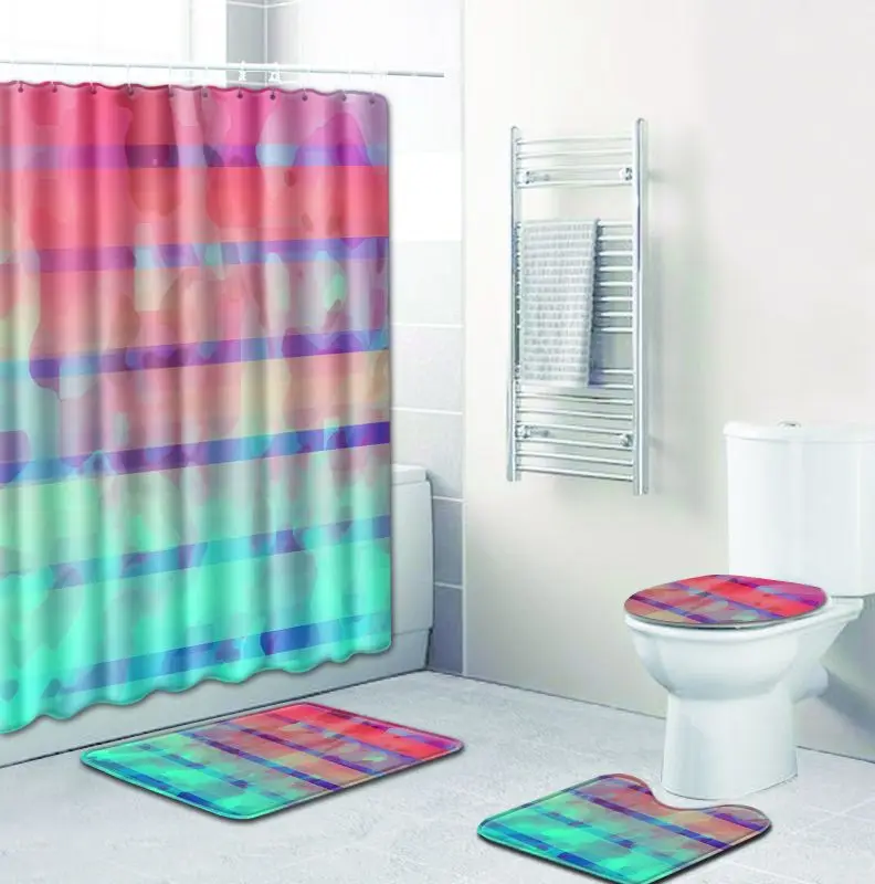 Zeegle Bath Mat Set with Waterproof Shower Curtain Toilet Seat Cover Mat Non-Slip Soft Floor Mat Rug Bathroom Set with Hooks