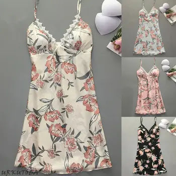 

Women Ladies Lace Floral Printed Sexy Casual Sleep Dress Spaghetti Strap A-line V-neck Thin Smooth Dress Sleepshirts Nightgowns