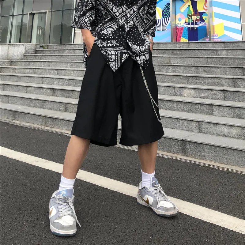 Mens Shorts Summer Casual Black Zipper Elastic Waist Straight Short Pants with Chain New Hip Hop Streetwear Loose Shorts Joggers