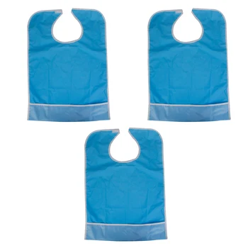 

3x Adult Washable Bib Clothes Protector With Crumb Catcher - Blue