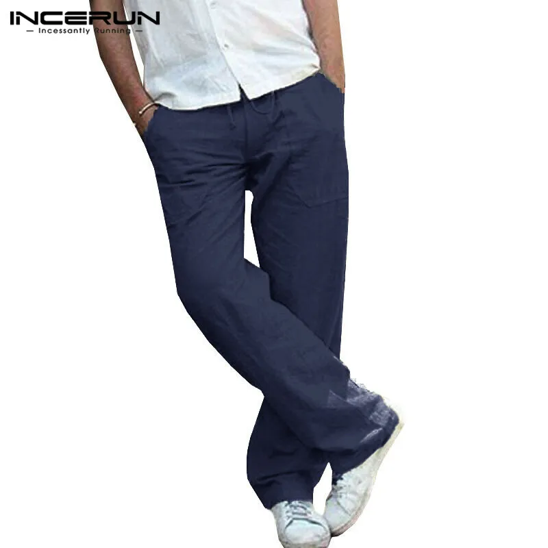INCERUN/Мужские штаны, одноцветные, с эластичной резинкой на талии, бегущие,, свободные, ретро, уличная, повседневные Прямые брюки, мужское хлопковое белье, спортивные штаны