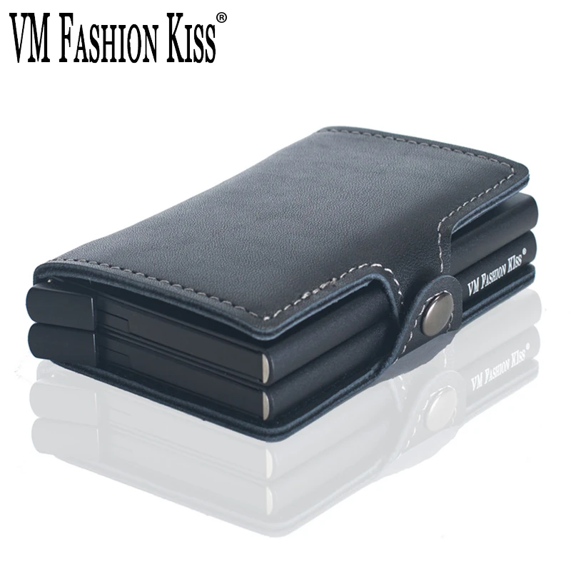 VM FASHION KISS Genuine Leather Double Aluminum Box RFID Safe Card Wallet Credit Information Anti theft Brush Holder|credit card wallet|business
