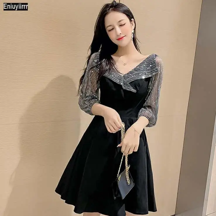 Black Strapless Lace Glamorous Overlay Dress Women Autumn High Waist Sexy Sheer Mesh Flared Ladies Party Dresses | Женская одежда