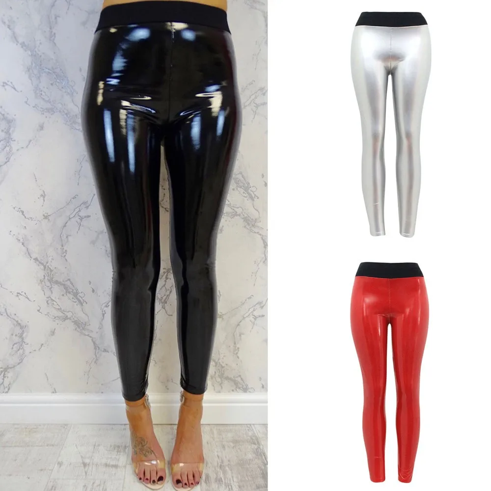 Женские однотонные черные эластичные брюки-карандаш с высокой талией, Сексуальные облегающие кожаные брюки из искусственной кожи, женские обтягивающие брюки из искусственной кожи