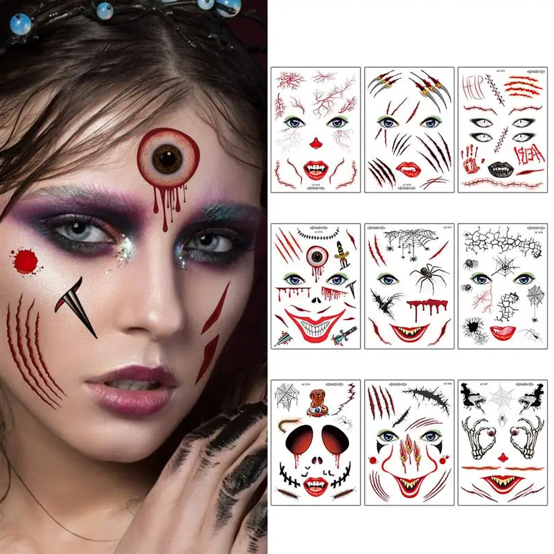 

9 Sheet Creative Realistic Halloween Face Tattoo Scary Insect Scar Temporary Face Sticker Makeup Party Decoration Supplies