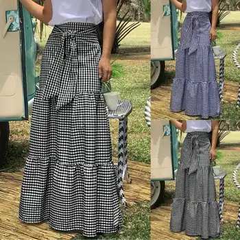 

Fashion Skirts 2020 Celmia Women Vintage Plaid Check Long Skirts High Waist Casual Loose Belted Pleated Maxi Skirts Plus Size